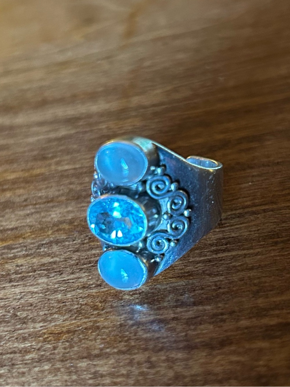 Sajen Sterling Silver, Aquamarine & Moonstone Ring, Adjustable - Picture 3 of 6